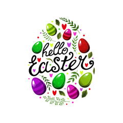Vector egg with text Hello Easter and with colorful eggs, leave and heart. Spring clipart for design