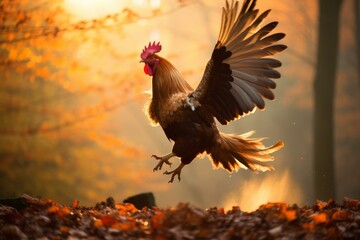 Crowing Rooster in falling autumn leaves. Colorful farm cock on fall yellow background. Generate ai - obrazy, fototapety, plakaty
