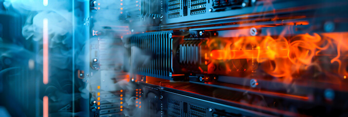 a computer server overheating due to an AI system overload, representing the potential for AI systems to overtax physical infrastructure.