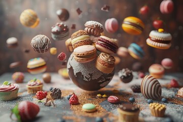 A 3D showcase of international desserts, with sweets from around the world floating around a globe - obrazy, fototapety, plakaty