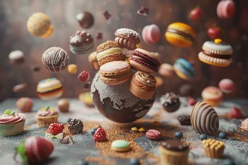 Foto op Canvas A 3D showcase of international desserts, with sweets from around the world floating around a globe © Seksan