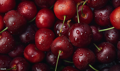 Ripe cherries texture. Close-up of fresh, ripe, and juicy cherries with water droplets, showcasing vibrant red color and detailed texture, organic agriculture backgrounds
