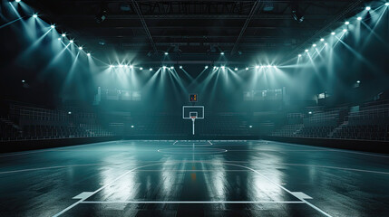 Empty basketball arena, stadium, sports ground with flashlights and fan sits  - obrazy, fototapety, plakaty