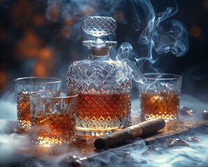 On the table, there is a bottle and a glass of amber liquid 2