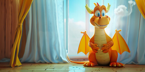 A friendly dragon promotes fire safety by demonstrating flame-resistant curtains and smoke detector harmonies. - obrazy, fototapety, plakaty