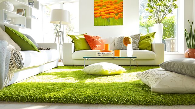 Vibrant green carpeting sets the tone for a bright, airy living room, complete with plush seating, white walls, and pops of color from accent pillows and artwork.  attractive look