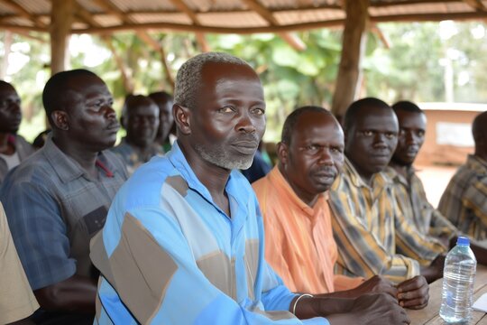 Local men gather under a shelter for a community discussion in a rural African setting