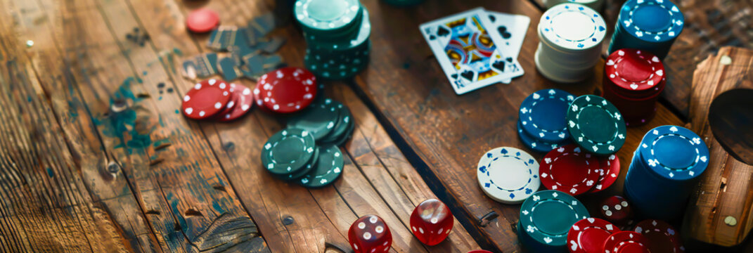 A table with a deck of cards and a pile of poker chips. The table is wooden and the chips are of different colors