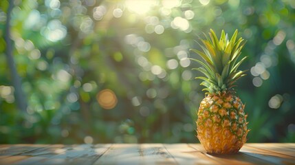 Fresh pineapple on a wooden table with blurry nature background