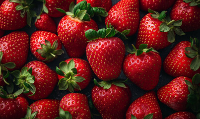 Top view of juicy ripe strawberries full frame, perfect for food backgrounds. juicy organic strawberries. A healthy and delicious summer fruit. Perfect for desserts. Packed with vitamins