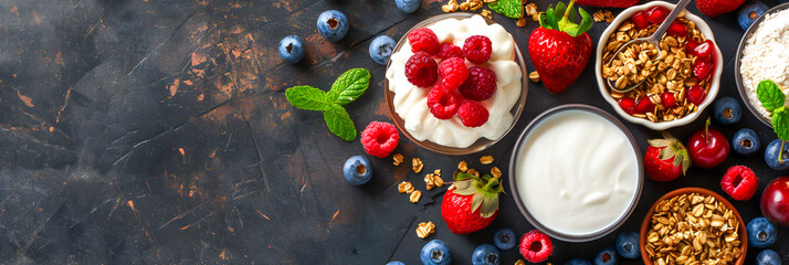 A healthy breakfast spread with fresh fruits, yogurt, and granola, promoting a balanced diet. - obrazy, fototapety, plakaty