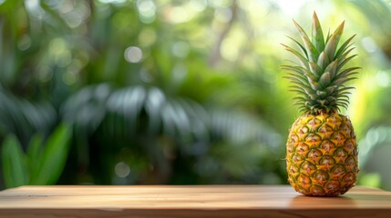 Fresh pineapple on a wooden table with blurry nature background