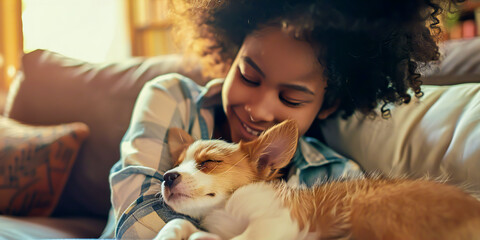 A heartwarming adoption story features a family welcoming a new pet into their home. , advertising style