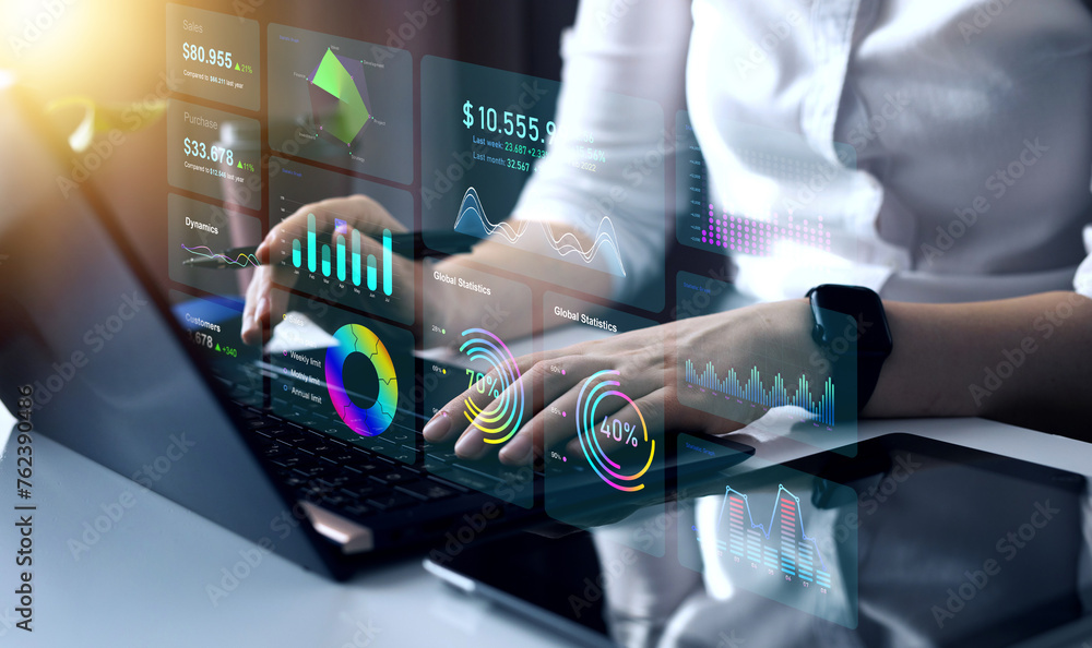 Poster kpi dashboard on virtual screen. businessman analysing finance data graph on stock market. financial