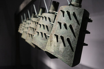 a row of Chime Bells. Ancient Chinese bronze musical instrument