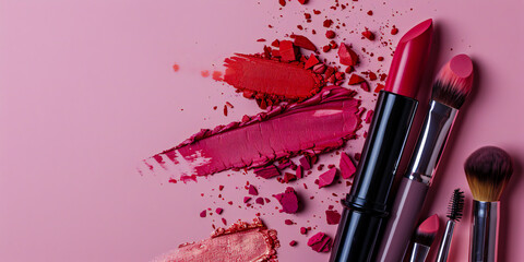 Obraz na płótnie Canvas A makeup guru swatches long-lasting lipsticks, velvety eyeshadows, and cruelty-free brushes, copy space