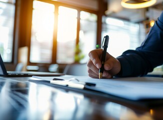 Obraz premium Businessman sitting at office desk signing a contract close up