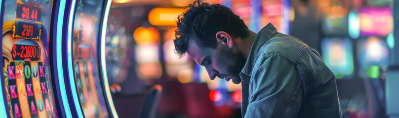 a man in a casino, staring in despair at a slot machine, illustrating the personal cost of gambling addiction - obrazy, fototapety, plakaty