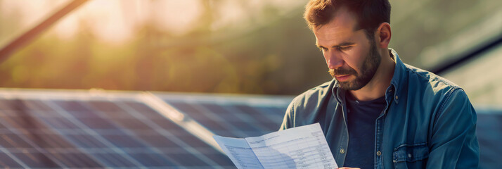 A man reading an electricity bill next to a solar panel, representing the high upfront costs of some green technologies - obrazy, fototapety, plakaty
