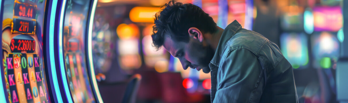 a man in a casino, staring in despair at a slot machine, illustrating the personal cost of gambling addiction