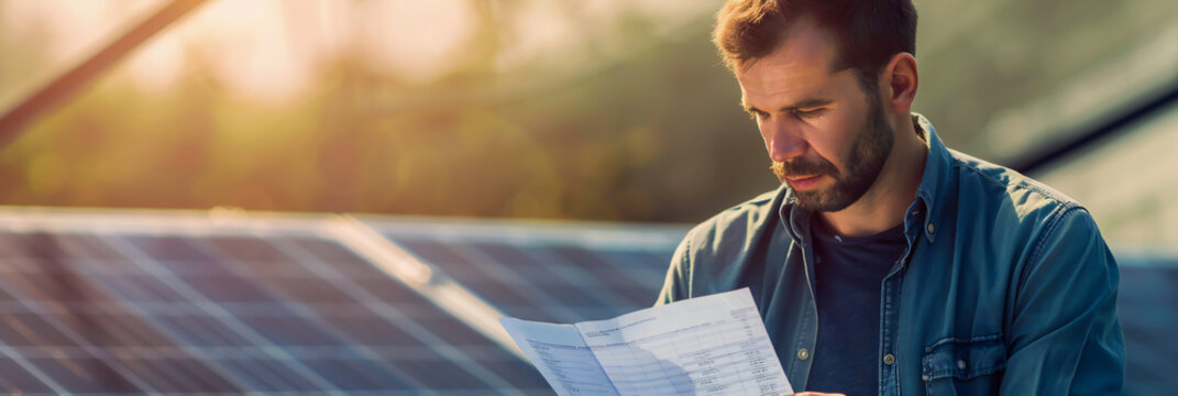 A man reading an electricity bill next to a solar panel, representing the high upfront costs of some green technologies