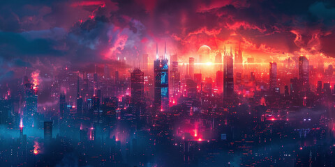 Fototapeta premium Futuristic urban skyline with vibrant red and blue lights glowing against a backdrop of cloudy sky