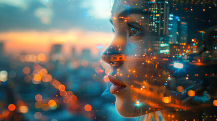 Mental Health Disorder Concept. Portrait of sad young Woman. Double Exposure blurred City light...