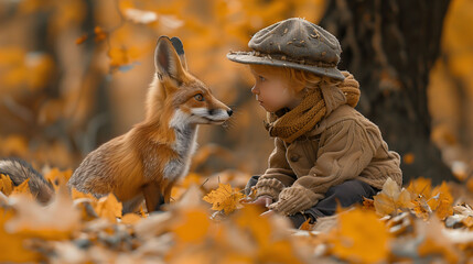Fototapeta premium Child in autumn park having a tender moment with a fox amidst fallen leaves.