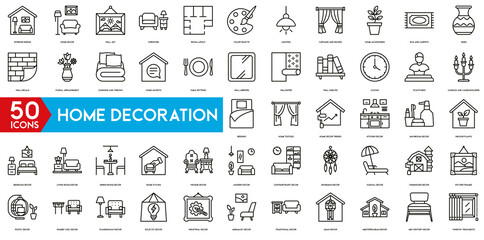 Home Decoration icon. Interior Design, Home Decor, Wall Art, Furniture, Room Layout, Color Palette, Lighting, Curtains and Drapes, Home Accessories, Rug and Carpets icon set.
