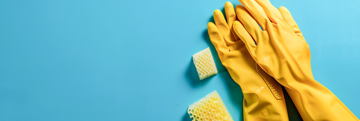 A pair of rubber gloves and a sponge, ready for a spring cleaning session. Copy space - obrazy, fototapety, plakaty