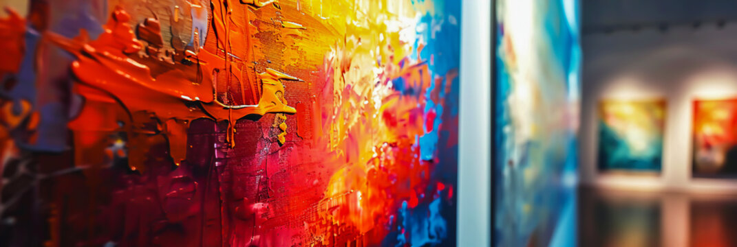 A piece of fine art displayed in a gallery, its colors vibrant under the gallery lighting.