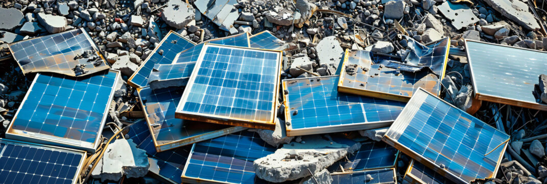 A pile of discarded solar panels in a landfill, illustrating the issue of waste management and recycling in green technologies