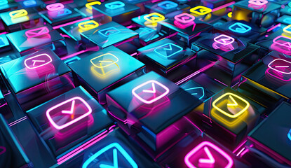 A social media scene bathed in neon light squares of pink blue and yellow highlights a prominent like symbol