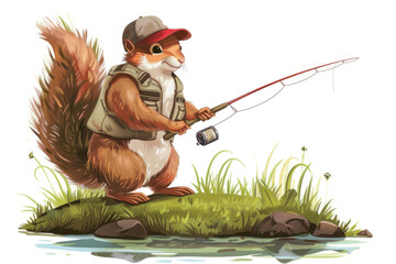 A squirrel in a fishing vest and baseball cap, standing on a grassy bank and fishing .