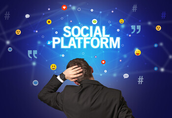 Rear view of a businessman, social media concept