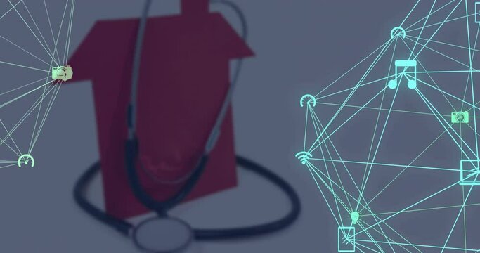 Animation of house and network of connections with icons over stethoscope