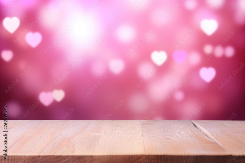 Poster empty wooden table with a pink and purple bokeh background with heart shapes, suitable for product d