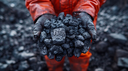 Worker in orange coveralls holding coal in hands with coal pile in background.