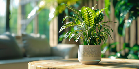 A talking houseplant persuades its owner to buy a smart watering system, promising to reveal juicy gossip from the plant world, copy space, - obrazy, fototapety, plakaty