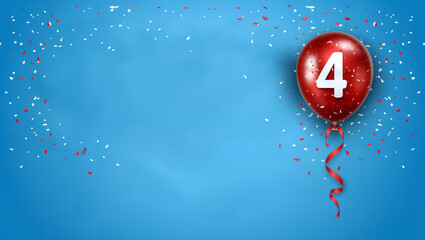 Blue Birthday card/background with a red balloon featuring the inscription 4 / four. - obrazy, fototapety, plakaty