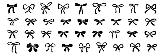 Large set of bow silhouettes. Vector black ribbon icons isolated on white background. - obrazy, fototapety, plakaty
