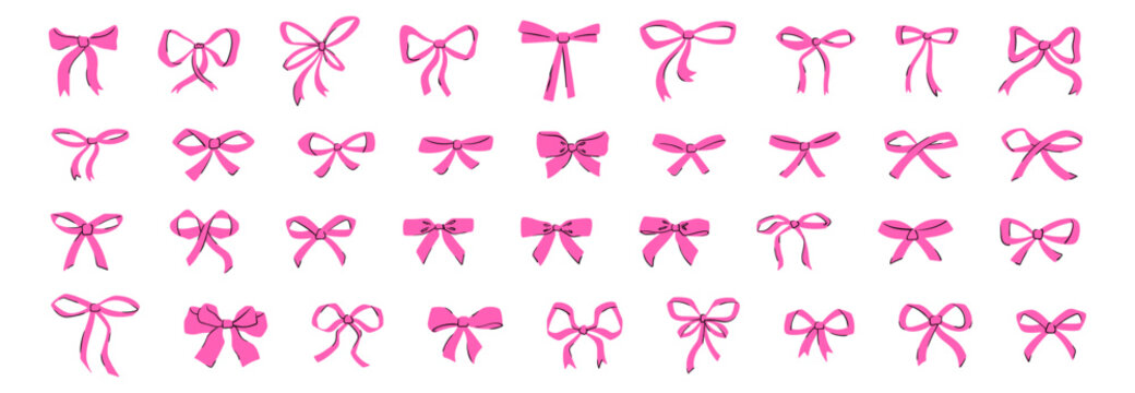A big set of pink bows. Vector icons of ribbons isolated on white background.
