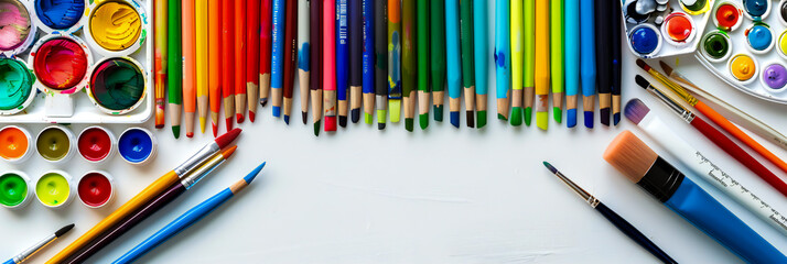 A variety of colorful art supplies neatly arranged on a white table, ready for a creative project