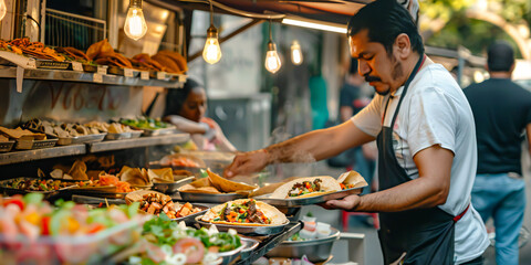 A vendor dishing out flavorful tacos from a food cart, customers lining up