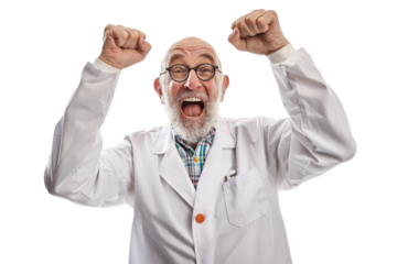 a triumphant gesture by a scientist, symbolizing the excitement of a revolutionary discovery.