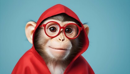 monkey with red cape and specs like a hero with light blue background - obrazy, fototapety, plakaty
