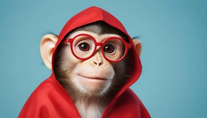 Zelfklevend Fotobehang monkey with red cape and specs like a hero with light blue background © Haseeb