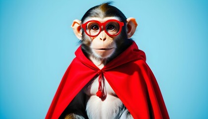 monkey with red cape and specs like a hero with light blue background