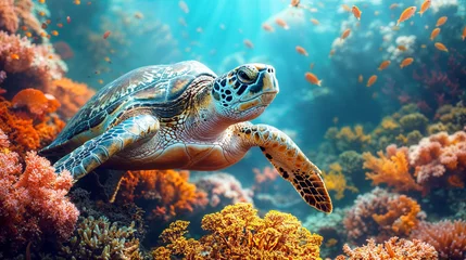 Fotobehang A grand sea turtle voyage across a vibrant oceanic landscape © Attila