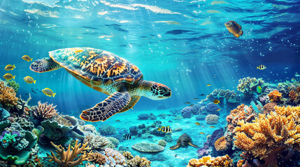 Sea Turtle Journeying Through Coral Reef
